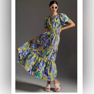 Anthropologie Somerset Maxi Blue and Yellow Floral Dress XSP Resortwear Boho